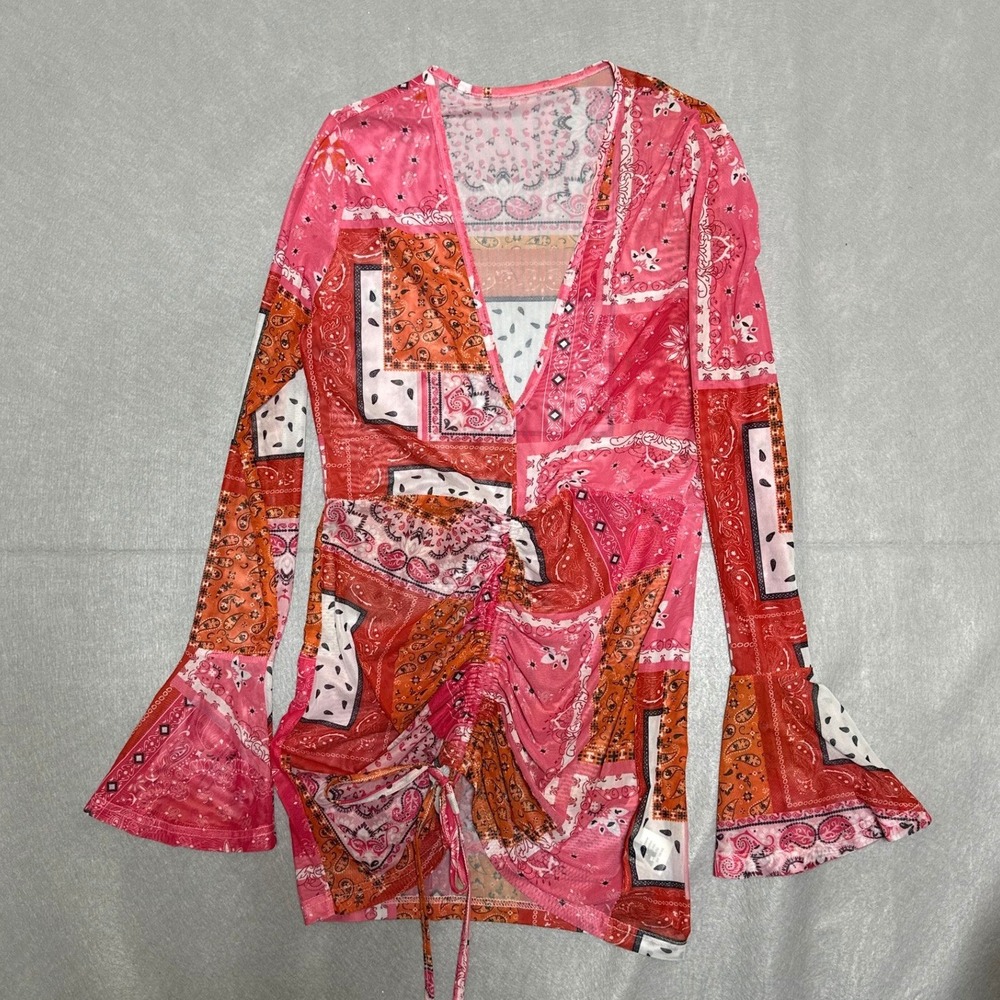 Blush Mark Womens Mesh Top S Pink Multi Abstract Sheer Long Sleeve Y2K Festival